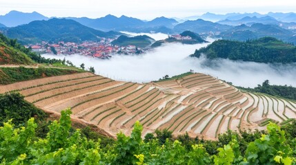 Panoramic view of terraced rice fields in misty mountains, overlooking a valley town.