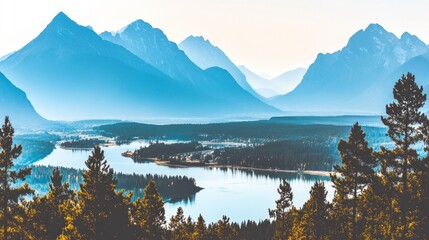 Naklejka premium Panoramic view of a serene lake nestled in a majestic mountain range at sunrise.