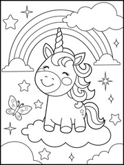Illustration of a cute baby unicorn cartoon character. Black and white Printable Unicorn coloring page for kids.
