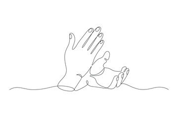 Applauding hands, drawn with continuous line in minimalism, abstract, hands clapping, applause, acclaim, bravo, prolonged ovation, delight, one line, editable vector contour