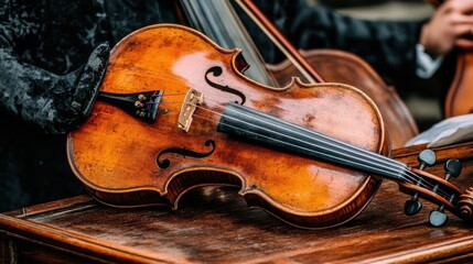 Obraz premium Antique Violin Resting on Wooden Surface Close up Detail of String Instrument