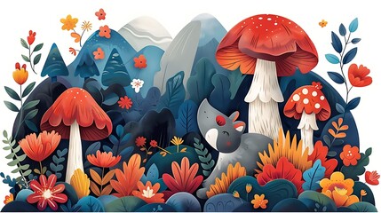 Cute rhino in magical forest, mountains background. Childrens book illustration