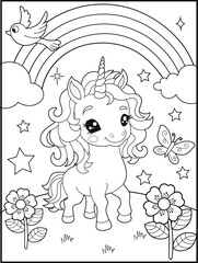 Illustration of a cute baby unicorn cartoon character. Black and white Printable Unicorn coloring page for kids.