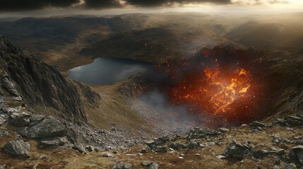 Fototapeta premium Volcanic eruption near mountain lake.