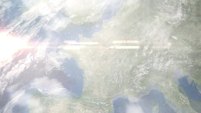 Earth zoom in from space and focus on Blois, France. Background for travel blog or intro. Satellite view. 3D style animation. Images from NASA.
