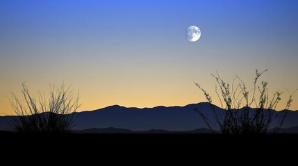 Obraz premium Desert sunset with moonrise over silhouetted mountains and plants.