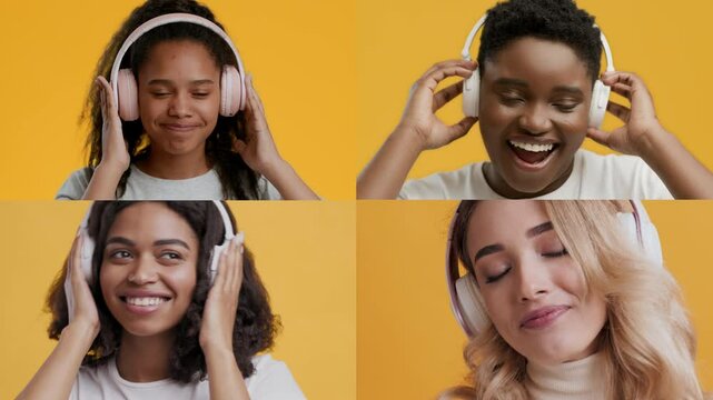 Four diverse young people are shown enjoying music with headphones in a bright studio. Their expressions reflect joy and engagement with the beats playing through the headphones.