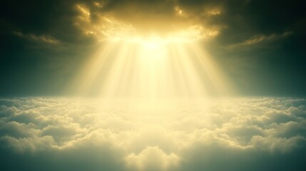 Fototapeta premium Golden light rays breaking through dark clouds above fluffy clouds.