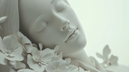 Naklejka premium Serene white female sculpture, eyes closed, surrounded by flowers, peaceful, dreamy.