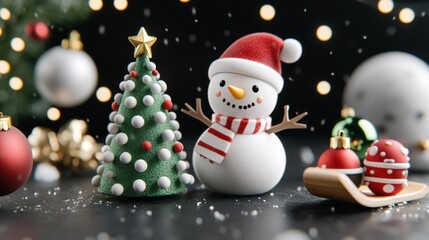 Cheerful snowman and mini Christmas tree with ornaments and falling snow.