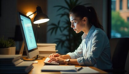 Fototapeta premium Late night productivity young professional working on computer home office digital focus indoor setting side view work-life balance