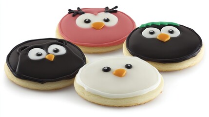 Four decorated animal cookies owl, penguin, and chick.