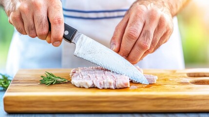 Close-up of chef's hands slicing meat on wooden board.