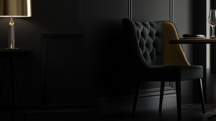 Elegant dark dining chair with gold accent in a moody restaurant setting.