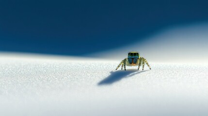 Tiny jumping spider on white surface, close-up.