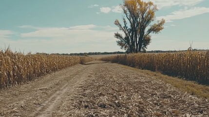 Obraz premium Dirt road between autumn cornfields leading to a lone tree under a partly cloudy sky.
