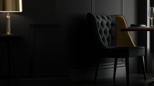 Elegant dark dining chair with gold accent in a moody restaurant setting.