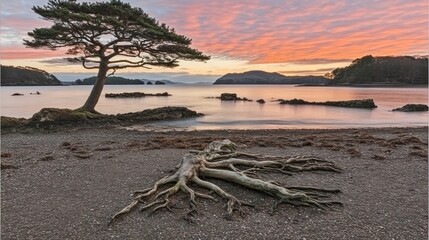 Fototapeta premium Solitary tree on beach at sunset, exposed roots in foreground, calm water.