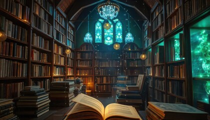 Enchanting library interior with ancient books magical atmosphere cozy environment artistic viewpoint