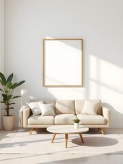 minimalist living room interior with bright airy design, white wall, wooden frame mockup, beige sofa, round coffee table, soft peaceful lighting, modern aesthetic