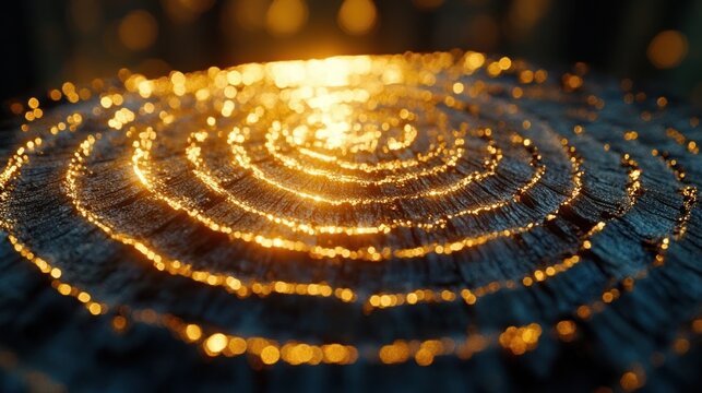 Golden tree stump, forest bokeh, abstract art, background