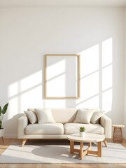 minimalist living room interior with bright airy design, white wall, wooden frame mockup, beige sofa, round coffee table, soft peaceful lighting, modern aesthetic