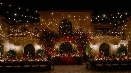 Romantic outdoor wedding reception at night with string lights, red floral arrangements, and elegant tablescape.