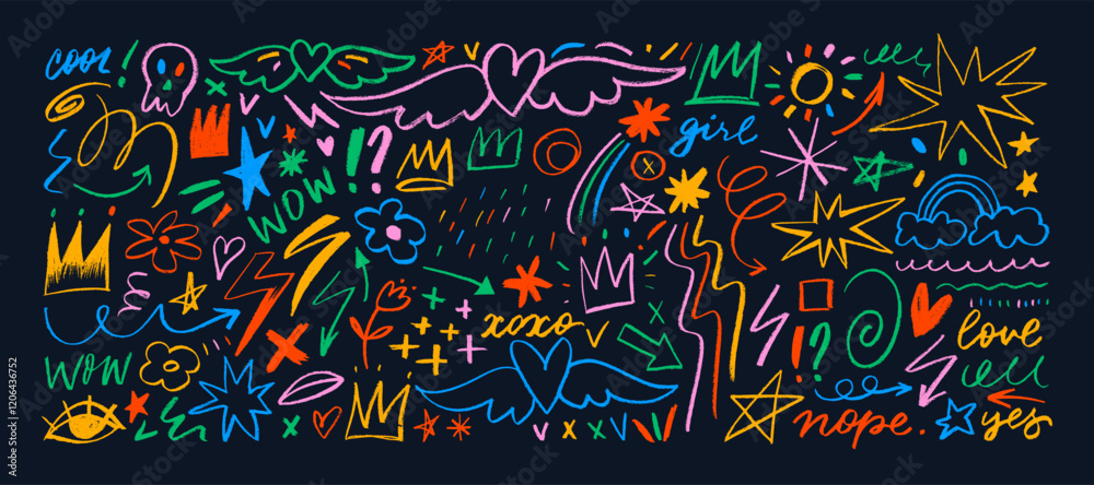 Poster crayon drawn colorful doodle shapes and figures for notes and design. hand drawn scribbles, scrawls,