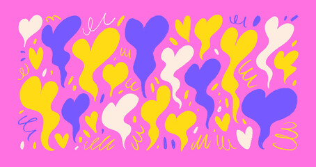 Hand drawn funky vector melt hearts with squiggles in retro style.