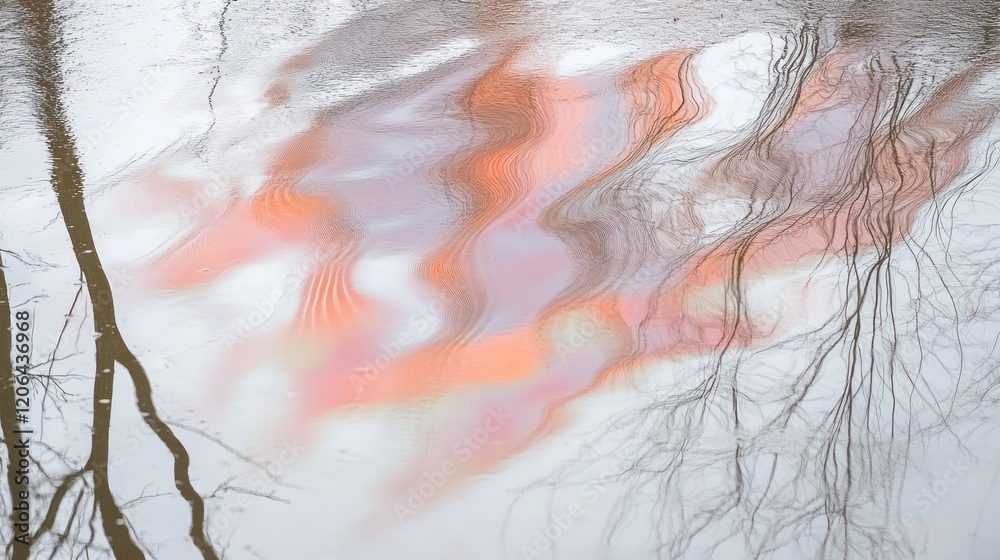 Wall mural abstract reflection of trees and sky in calm water.