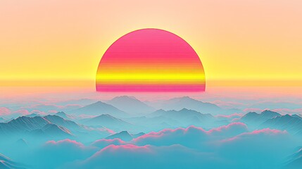Vibrant sunset over a hazy mountain range.
