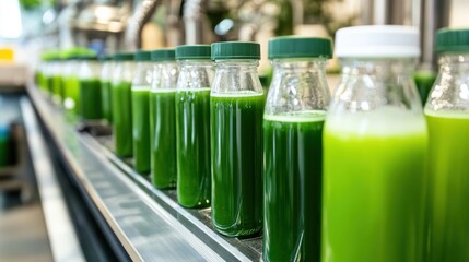Bottles of vibrant green juice lined up on a production line in a modern juice factory
