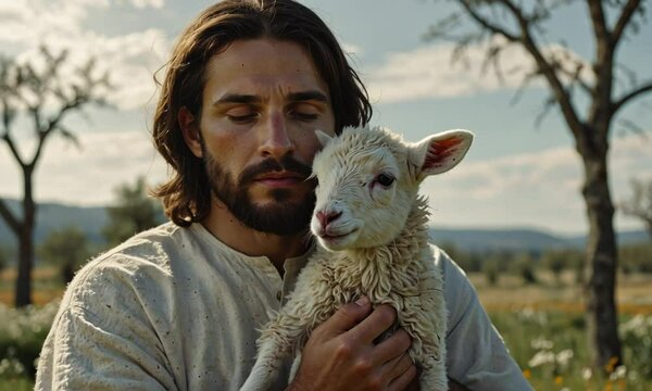Portrait of Jesus Christ holding a lamb in a serene meadow, symbolizing care, faith, and spirituality.