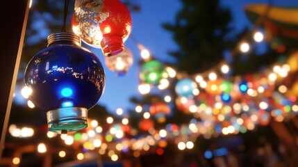 Illuminated colorful glass globes hanging outdoors at night, creating a festive ambiance.