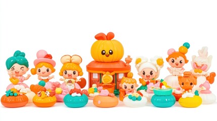 Naklejka premium Adorable autumn-themed figurines and miniature bakery set on white background.