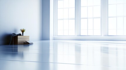 Fototapeta premium Minimalist bright room interior with large window, wooden side table, flowers, book, and yoga mat.