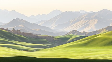 Serene landscape with rolling green hills and distant mountains, a lone figure stands in the vastness.