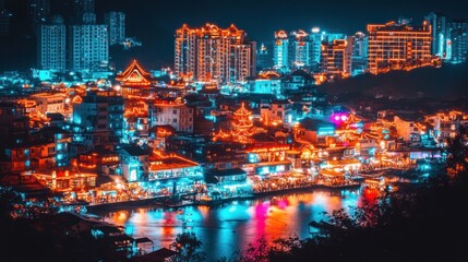 Fototapeta premium Night cityscape with colorful buildings and river reflections.