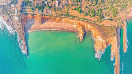Aerial view of secluded beach nestled between dramatic cliffs and turquoise ocean.