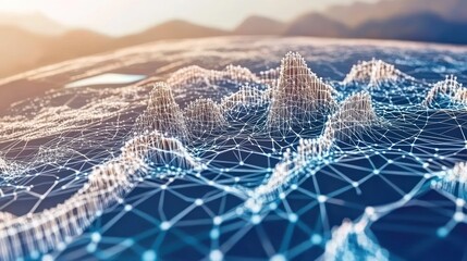 Abstract digital landscape with interconnected nodes and lines forming peaks and valleys.