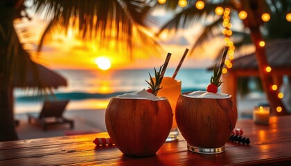 Tropical sunset cocktails beachside resort beverage photography relaxing atmosphere vibrant colors vacation vibe