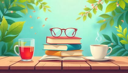 Cozy reading scene with books tea and coffee outdoor garden illustration tranquil atmosphere