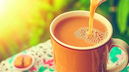 Creamy tea being poured into a mug outdoors on a sunny day.
