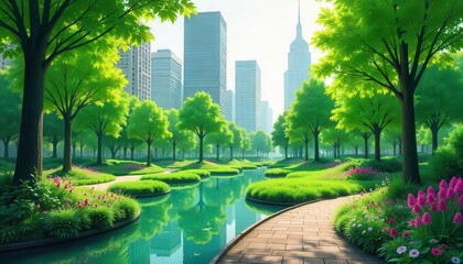 Serene nature walk in urban park new york city scenic landscape lush environment tranquil viewpoint