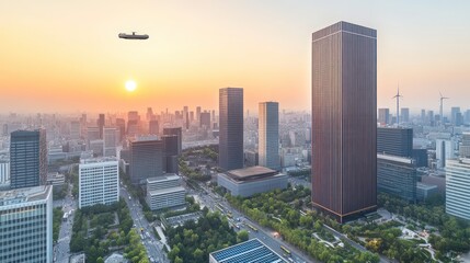 Obraz premium Sunset cityscape panorama with modern skyscrapers, roads, and green spaces.