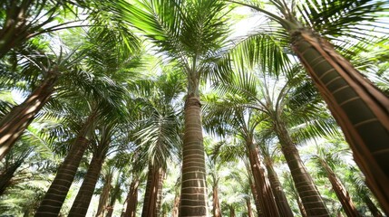Obraz premium Low-angle view of lush palm trees in a grove, sunlight filtering through leaves.