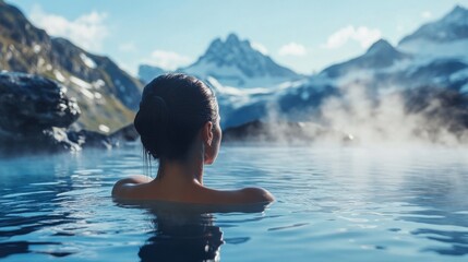 Fototapeta premium Woman Relaxing in an Outdoor Hot Spring with Mountain View