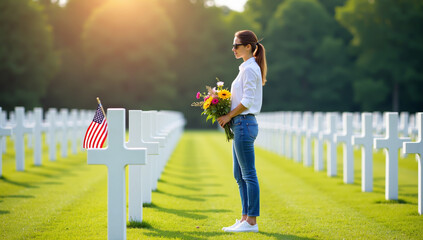 American Woman Visits Husband's Grave in Military Cemetery - Generative AI