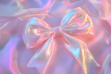 3D pastel pink holographic bow shimmering with a Y2K-inspired aesthetic.