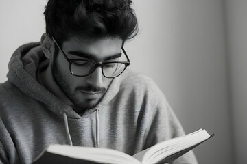 A focused student with a book and pen, ready for creative or academic pursuits